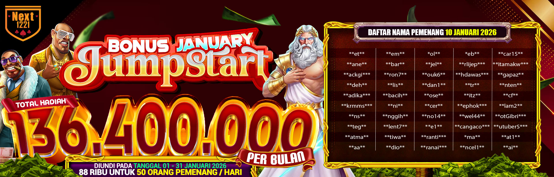BONUS JUMPSTART NEXT1221 10 JANUARI 2026