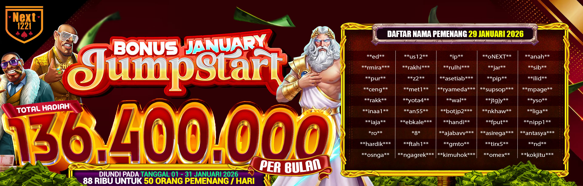 BONUS JUMPSTART NEXT1221 29 JANUARI 2026