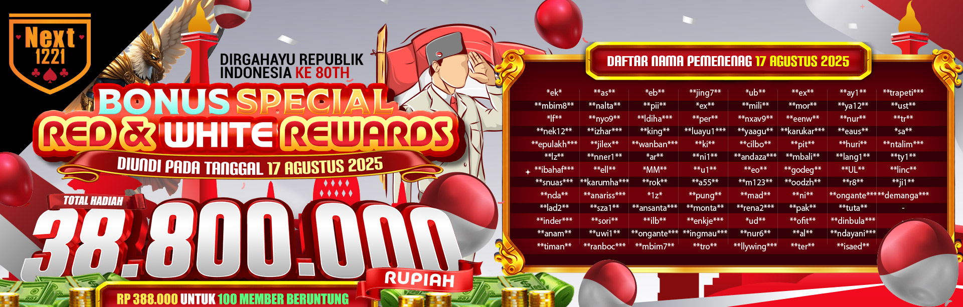 BONUS SPECIAL RED & WHITE REWARDS NEXT1221 WINNER